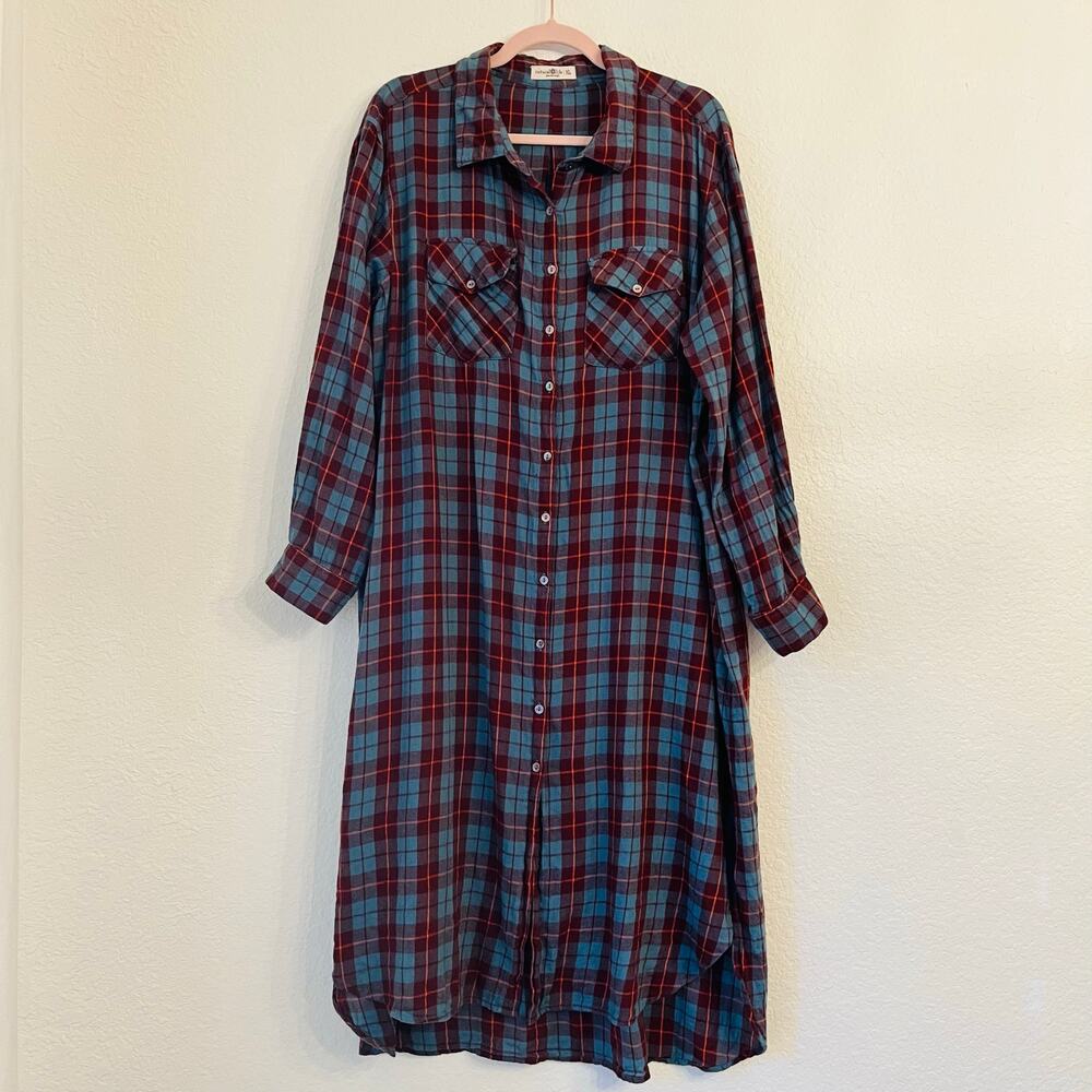 NATURAL LIFE Teal and Rust Plaid Midi Shirt Dress - Picture 2 of 13